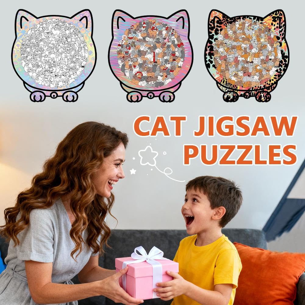 🎁49% OFF🎅135-Piece Morandi-Colored Cat Shaped Tray Wooden Jigsaw Puzzle